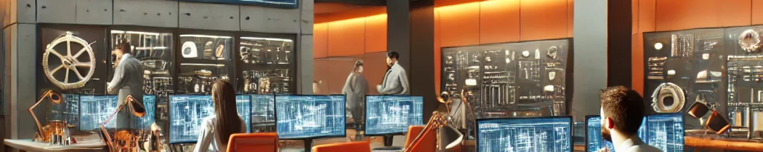 DALL·E 2024-08-25 15.56.54 - A modern office setting representing an engineering business, incorporating the color orange throughout the scene. Engineers are working at desks with